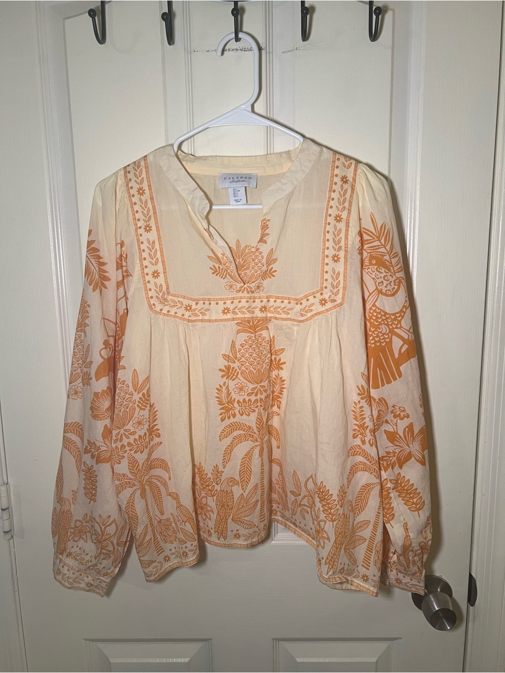 Calypso St. Barth 100% Cotton Tropical Print Peasant Blouse Large Boho - Picture 1 of 8